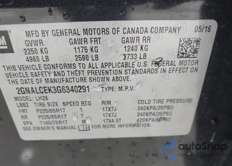 2016 Chevrolet Equinox Lt из США, поврежденный, VIN 2GNALCEK3G6340291